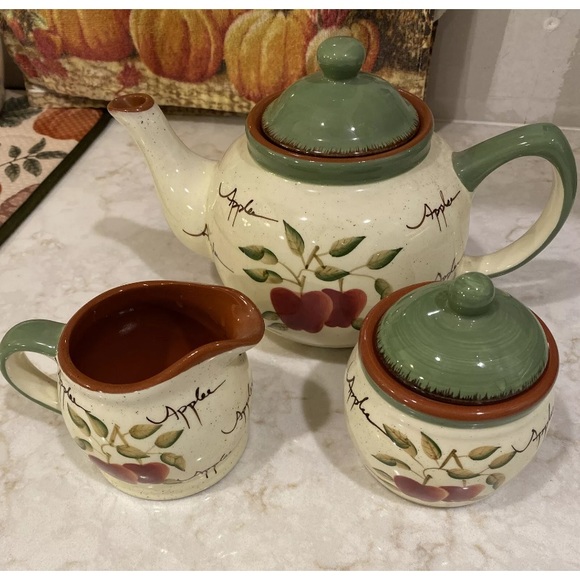 RARE Authentic Home Interiors Apple Orchard Collection Teapot Creamer Sugar Bowl - Picture 1 of 12